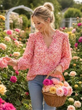 J.Crew Romantic Bohemian Pink Floral Ruffle Collar Long Sleeve Blouse - Size L